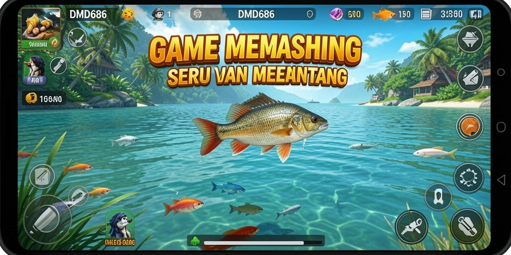 Gameplay <strong>DMD686</strong> yang menampilkan aksi memancing di lokasi eksotis.