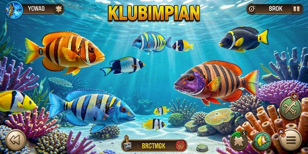 Screenshot gameplay KLUBIMPIAN yang penuh aksi menembak ikan.
