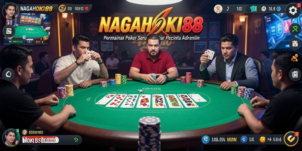 Screenshot gameplay NAGAHOKI88 menunjukkan aksi permainan poker yang mendebarkan.