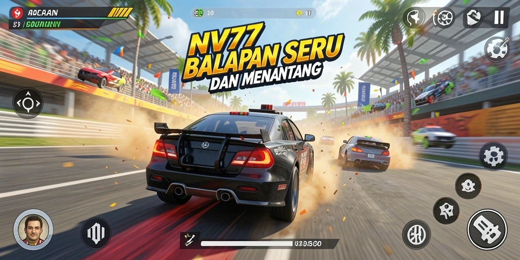 Screenshot gameplay NV77 menunjukkan aksi balapan yang menegangkan di lintasan.